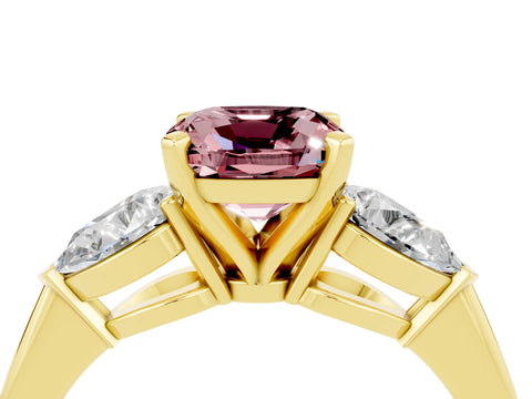 Yellow gold Three-Stone Cushion Cut Morganite Ring with Pear Side Stones and Four-Prong Setting_4