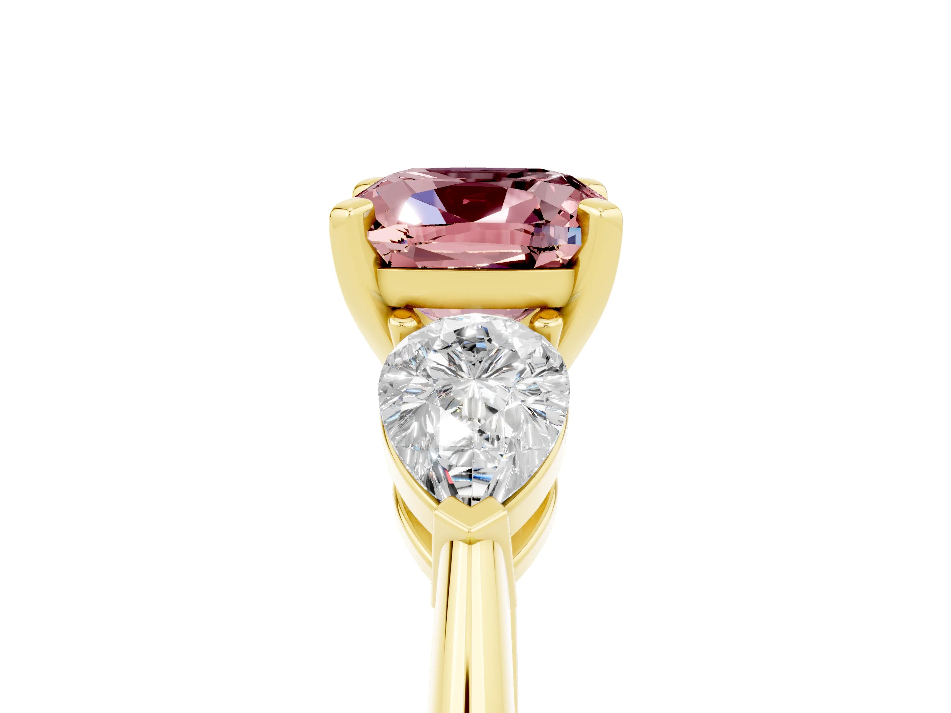 Yellow gold Three-Stone Cushion Cut Morganite Ring with Pear Side Stones and Four-Prong Setting_5