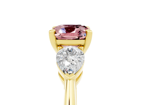 Yellow gold Three-Stone Cushion Cut Morganite Ring with Pear Side Stones and Four-Prong Setting_5