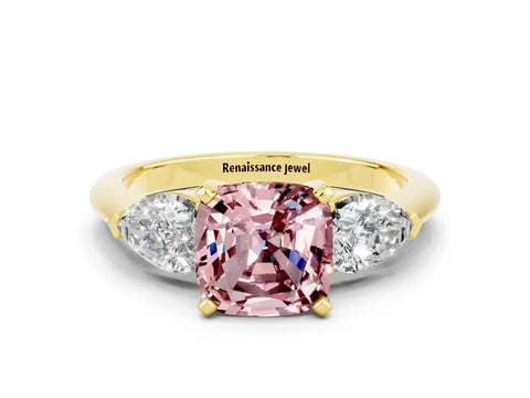 Yellow gold Three-Stone Cushion Cut Morganite Ring with Pear Side Stones and Four-Prong Setting