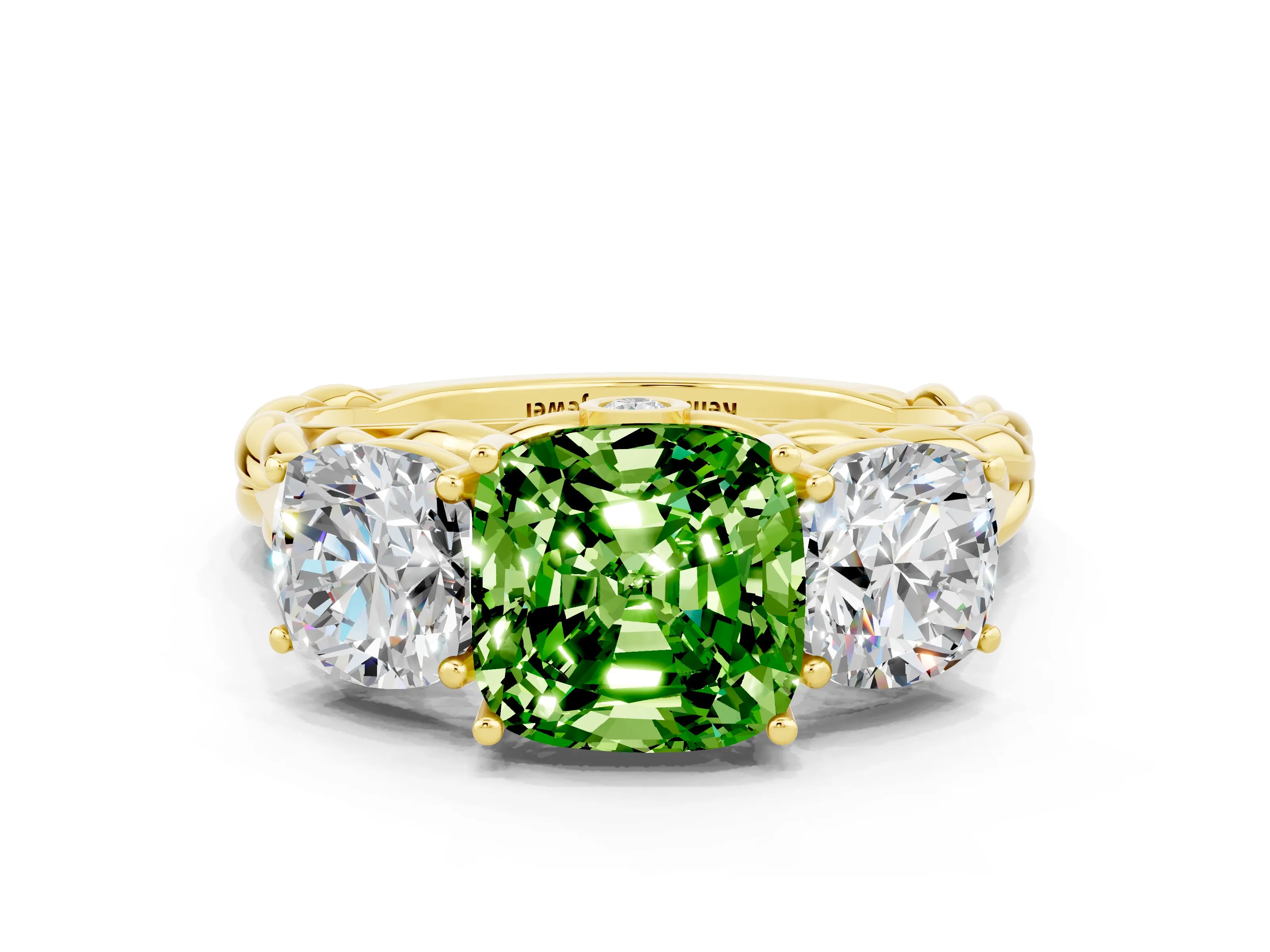 Yellow gold Three-Stone Cushion Cut Peridot Braided Band Ring with Four-Prong Setting_12