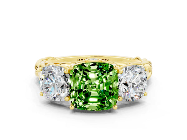 Yellow gold Three-Stone Cushion Cut Peridot Braided Band Ring with Four-Prong Setting