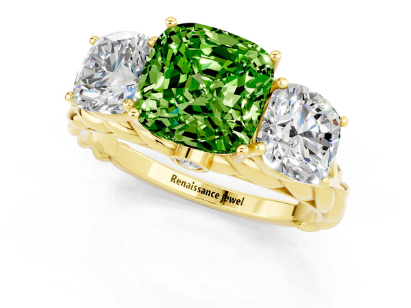 Yellow gold Three-Stone Cushion Cut Peridot Braided Band Ring with Four-Prong Setting