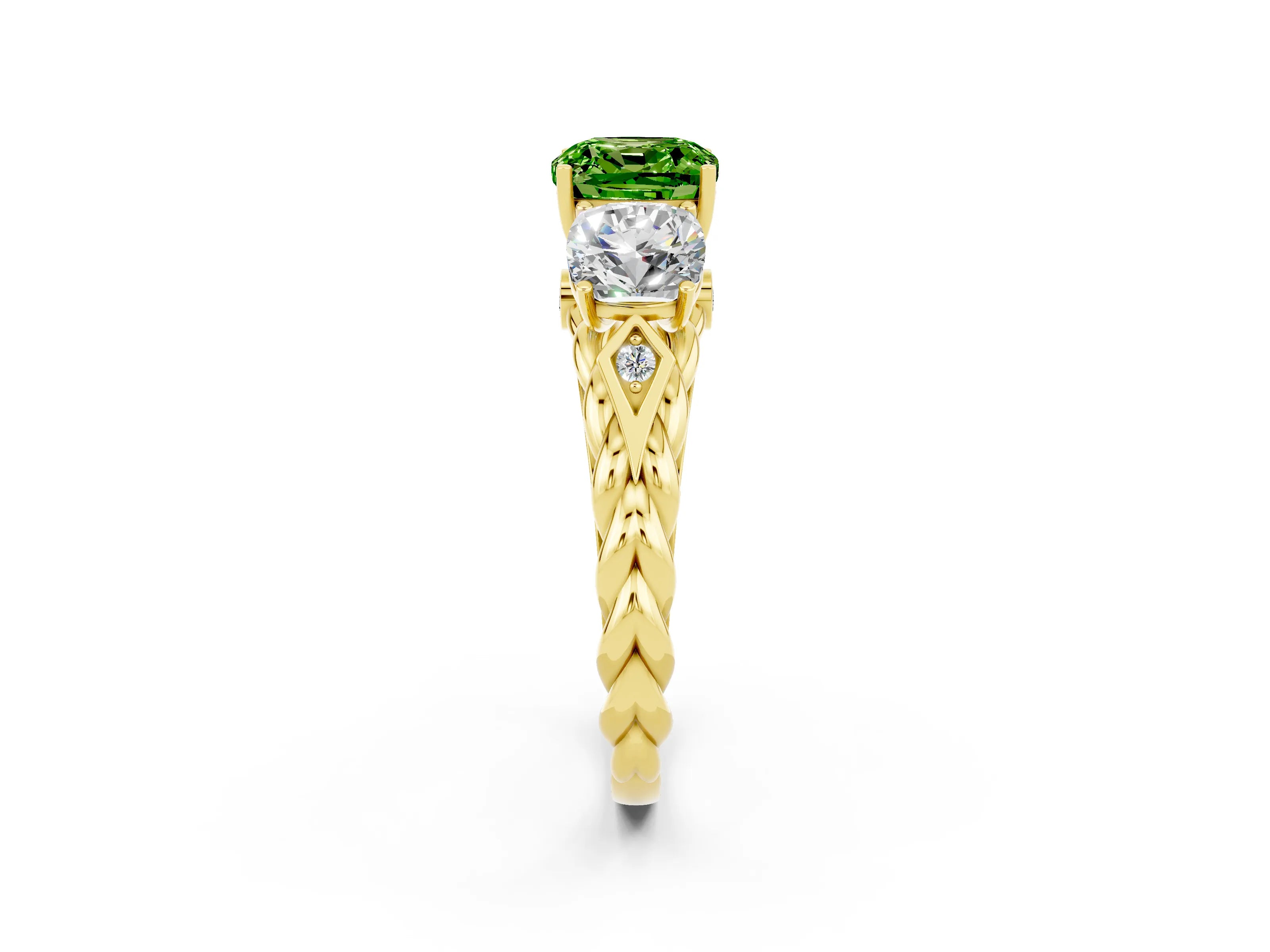 Yellow gold Three-Stone Cushion Cut Peridot Braided Band Ring with Four-Prong Setting_14
