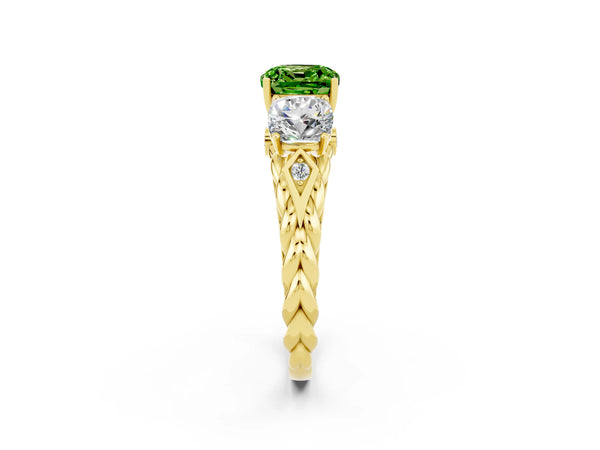 Yellow gold Three-Stone Cushion Cut Peridot Braided Band Ring with Four-Prong Setting