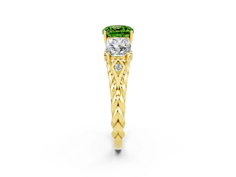 Yellow gold Three-Stone Cushion Cut Peridot Braided Band Ring with Four-Prong Setting_14