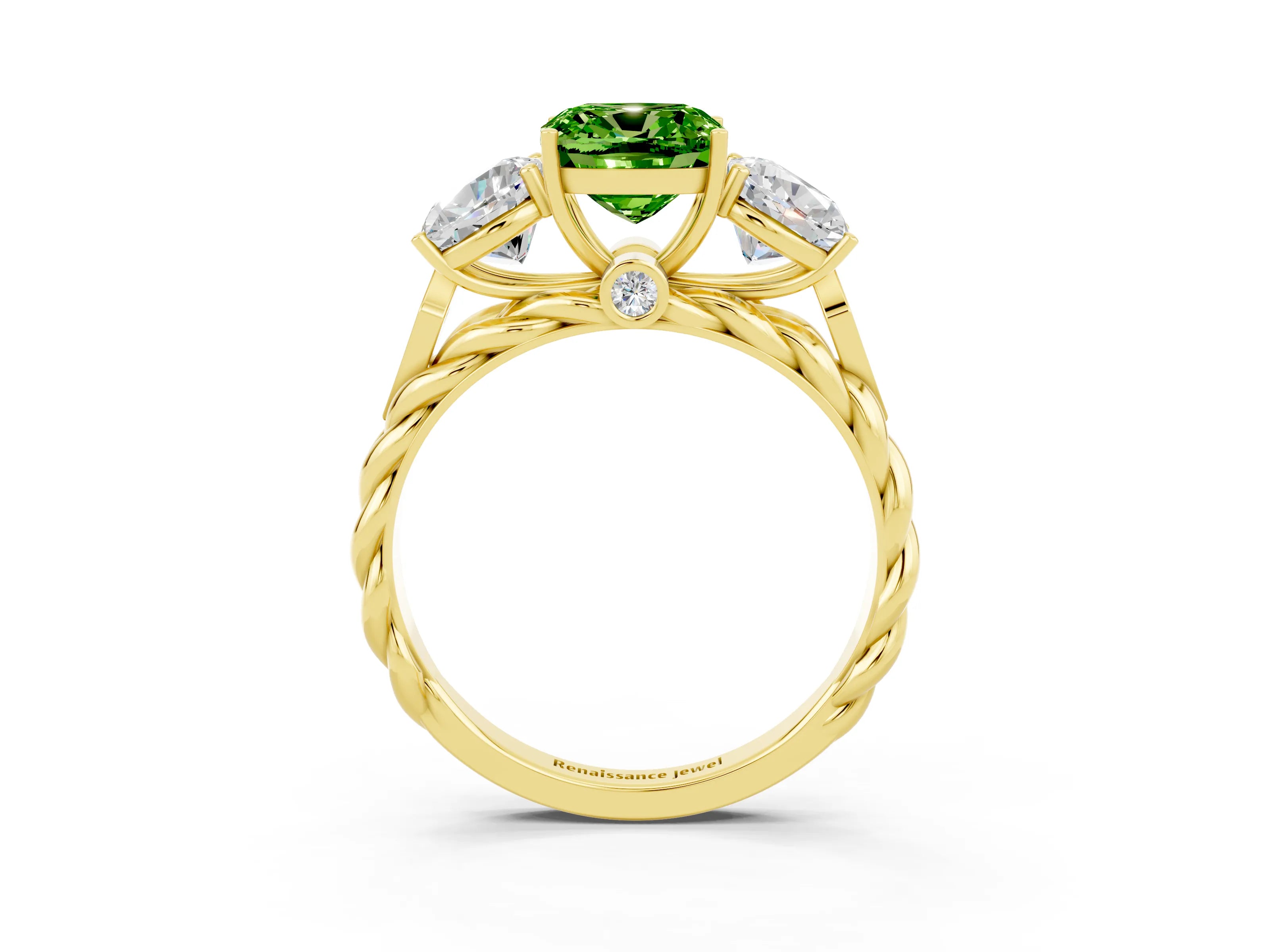 Yellow gold Three-Stone Cushion Cut Peridot Braided Band Ring with Four-Prong Setting_15