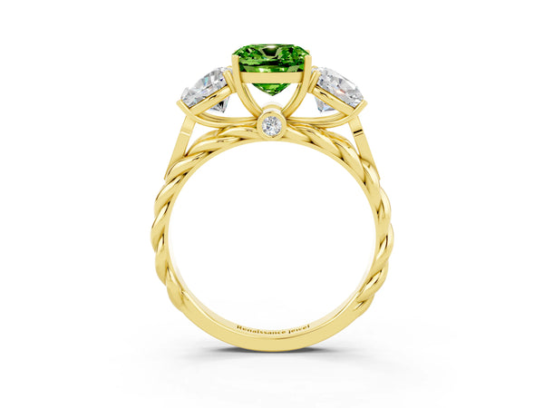 Yellow gold Three-Stone Cushion Cut Peridot Braided Band Ring with Four-Prong Setting