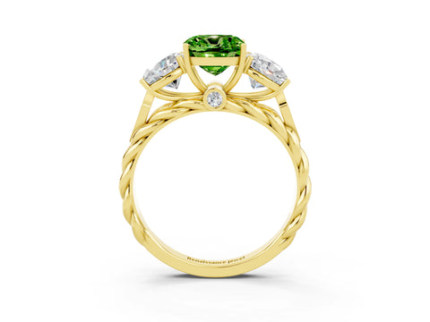 Yellow gold Three-Stone Cushion Cut Peridot Braided Band Ring with Four-Prong Setting_15