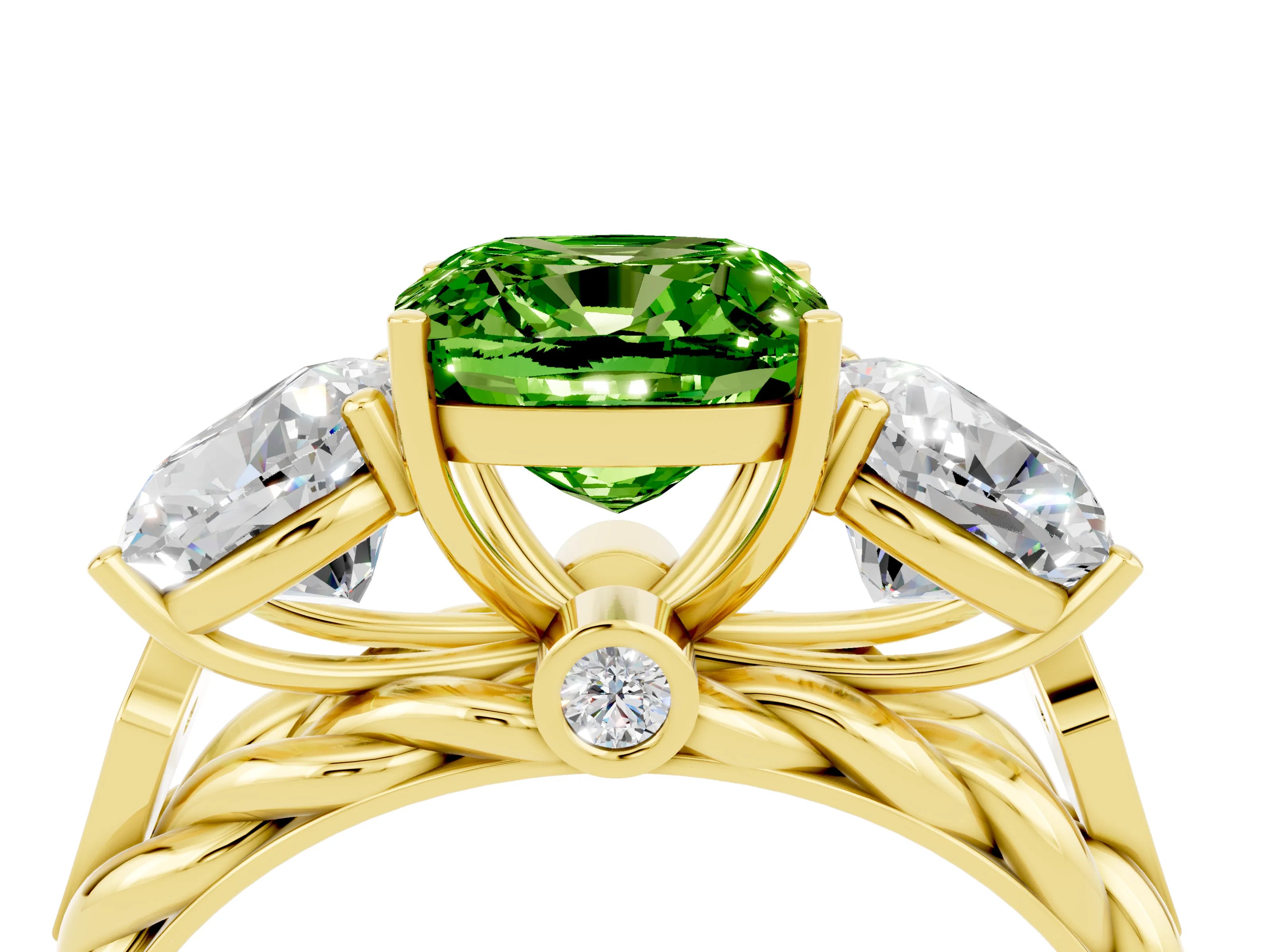 Yellow gold Three-Stone Cushion Cut Peridot Braided Band Ring with Four-Prong Setting_16