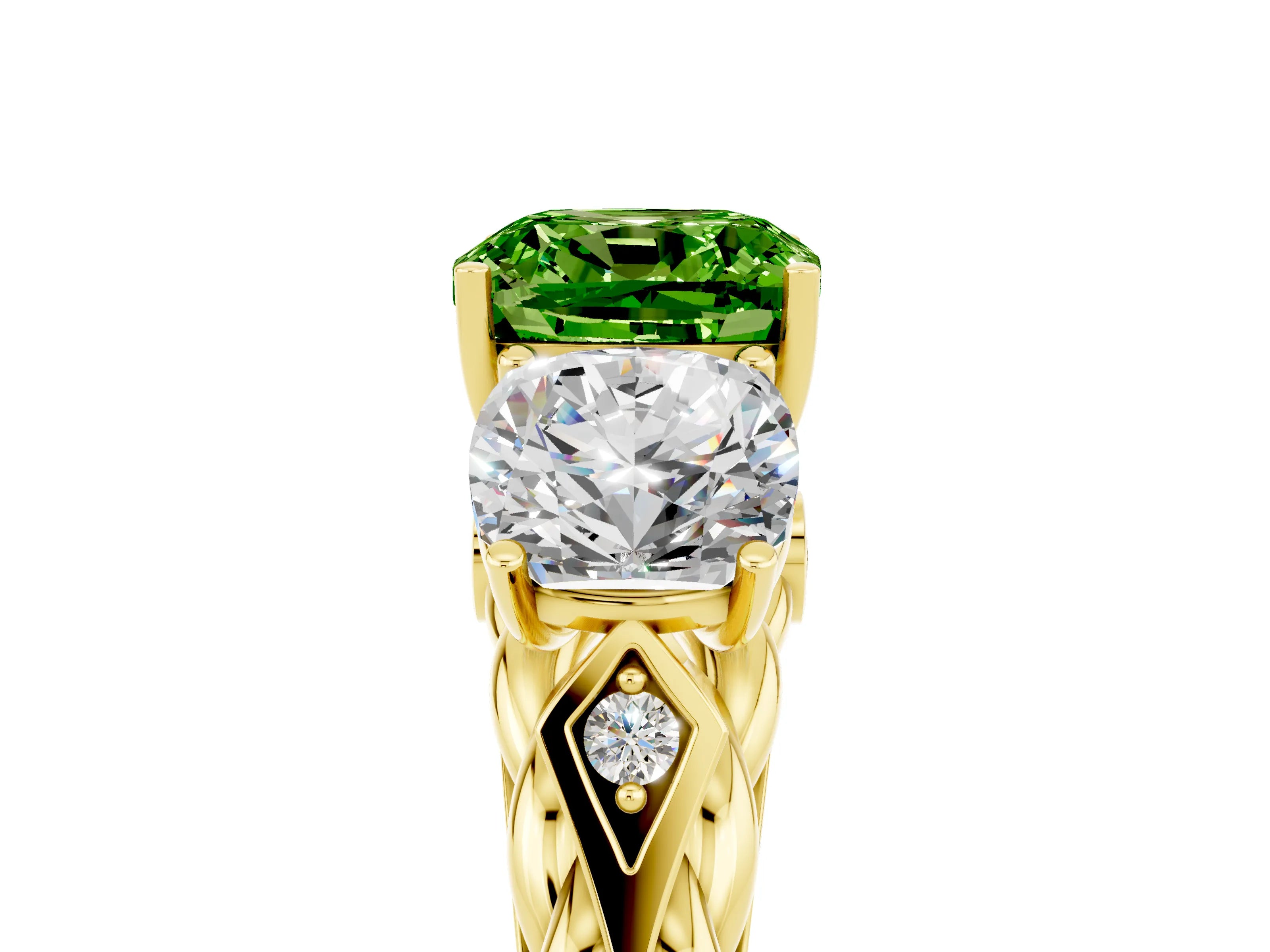 Yellow gold Three-Stone Cushion Cut Peridot Braided Band Ring with Four-Prong Setting_17