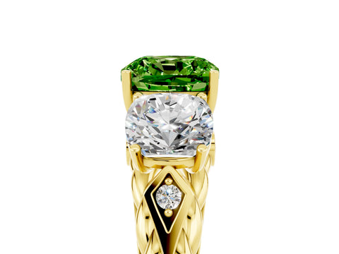 Yellow gold Three-Stone Cushion Cut Peridot Braided Band Ring with Four-Prong Setting_17