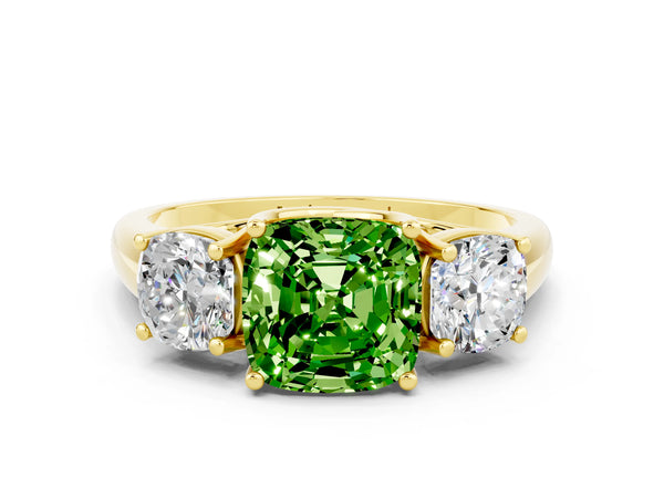 Yellow gold Three-Stone Cushion Cut Peridot Engagement Ring with Prong Setting