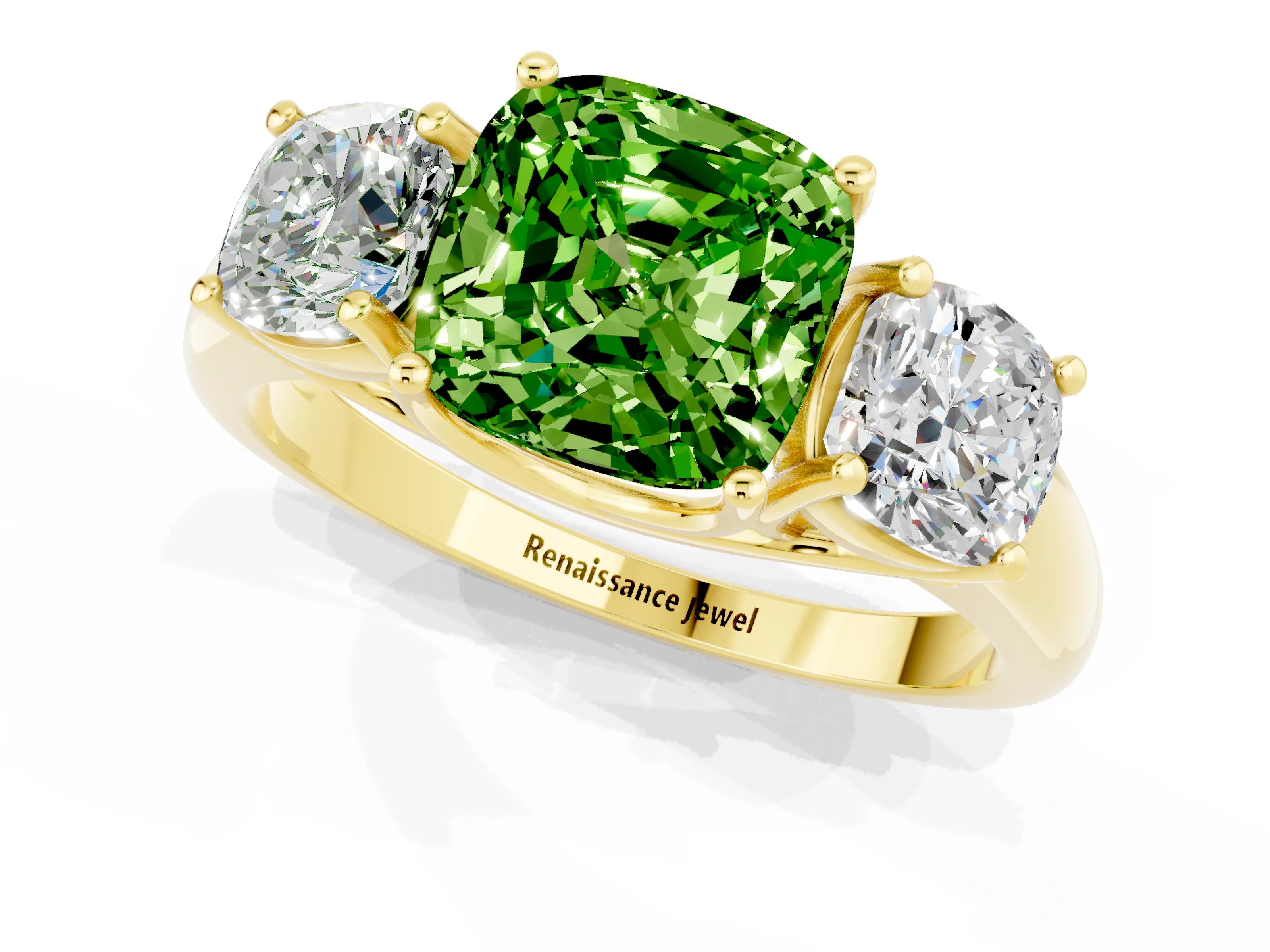 Yellow gold Three-Stone Cushion Cut Peridot Engagement Ring with Prong Setting_1