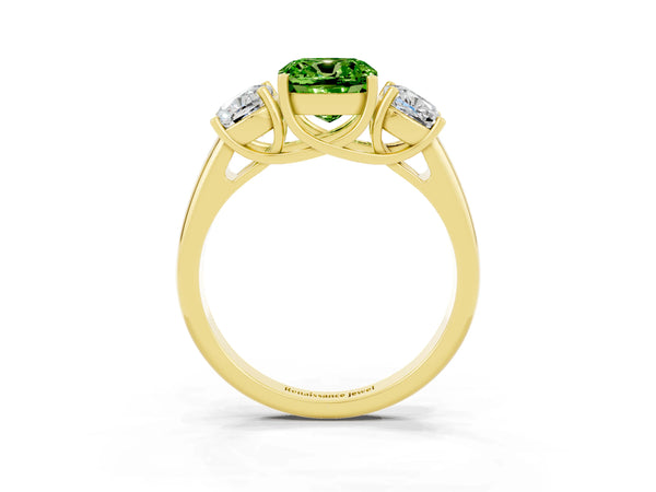 Yellow gold Three-Stone Cushion Cut Peridot Engagement Ring with Prong Setting