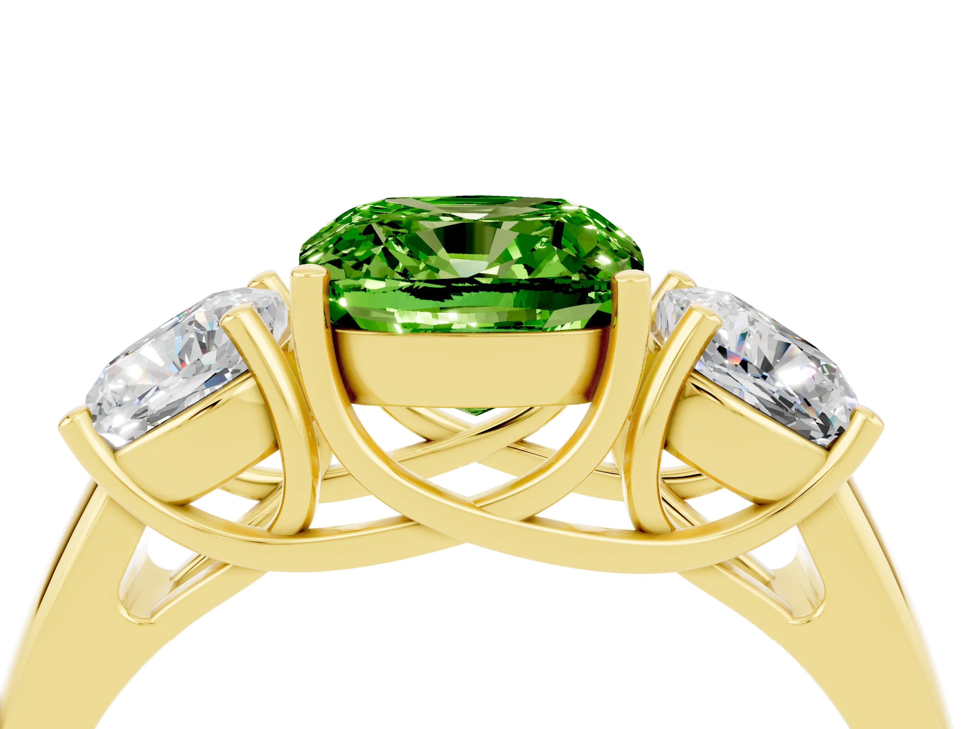 Yellow gold Three-Stone Cushion Cut Peridot Engagement Ring with Prong Setting_4
