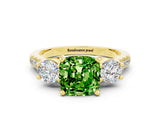 Yellow gold Three-Stone Cushion Cut Peridot Pavé Band with Four-Prong Setting