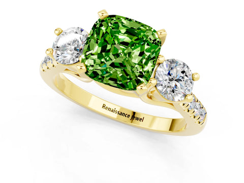 Yellow gold Three-Stone Cushion Cut Peridot Pavé Band with Four-Prong Setting_1