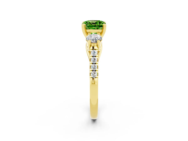 Yellow gold Three-Stone Cushion Cut Peridot Pavé Band with Four-Prong Setting