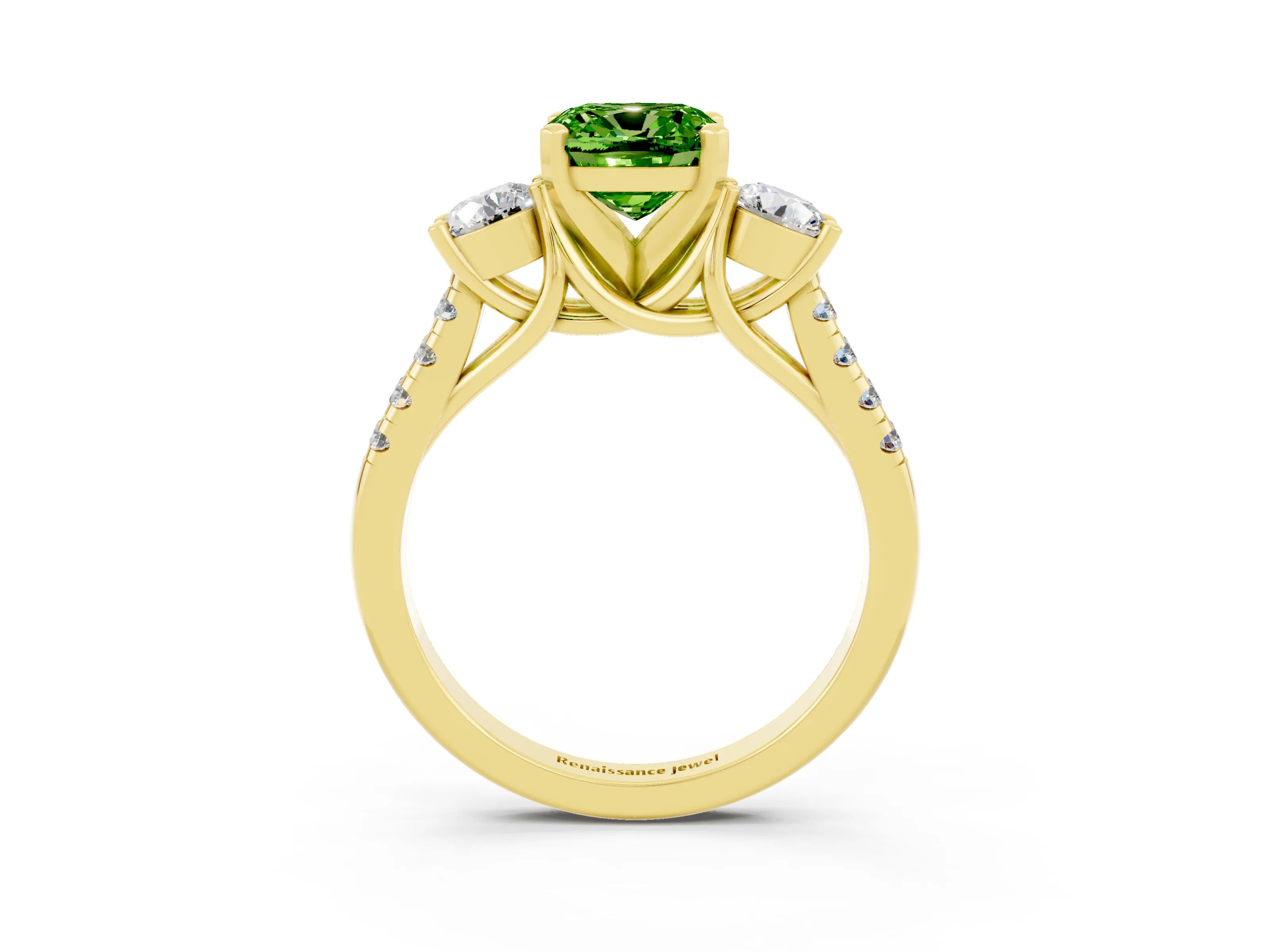 Yellow gold Three-Stone Cushion Cut Peridot Pavé Band with Four-Prong Setting_3