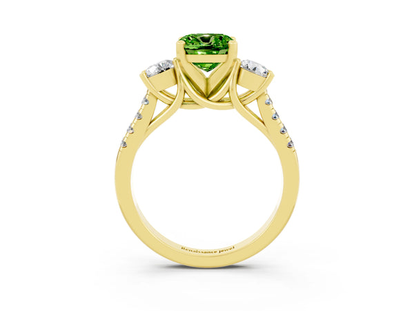 Yellow gold Three-Stone Cushion Cut Peridot Pavé Band with Four-Prong Setting
