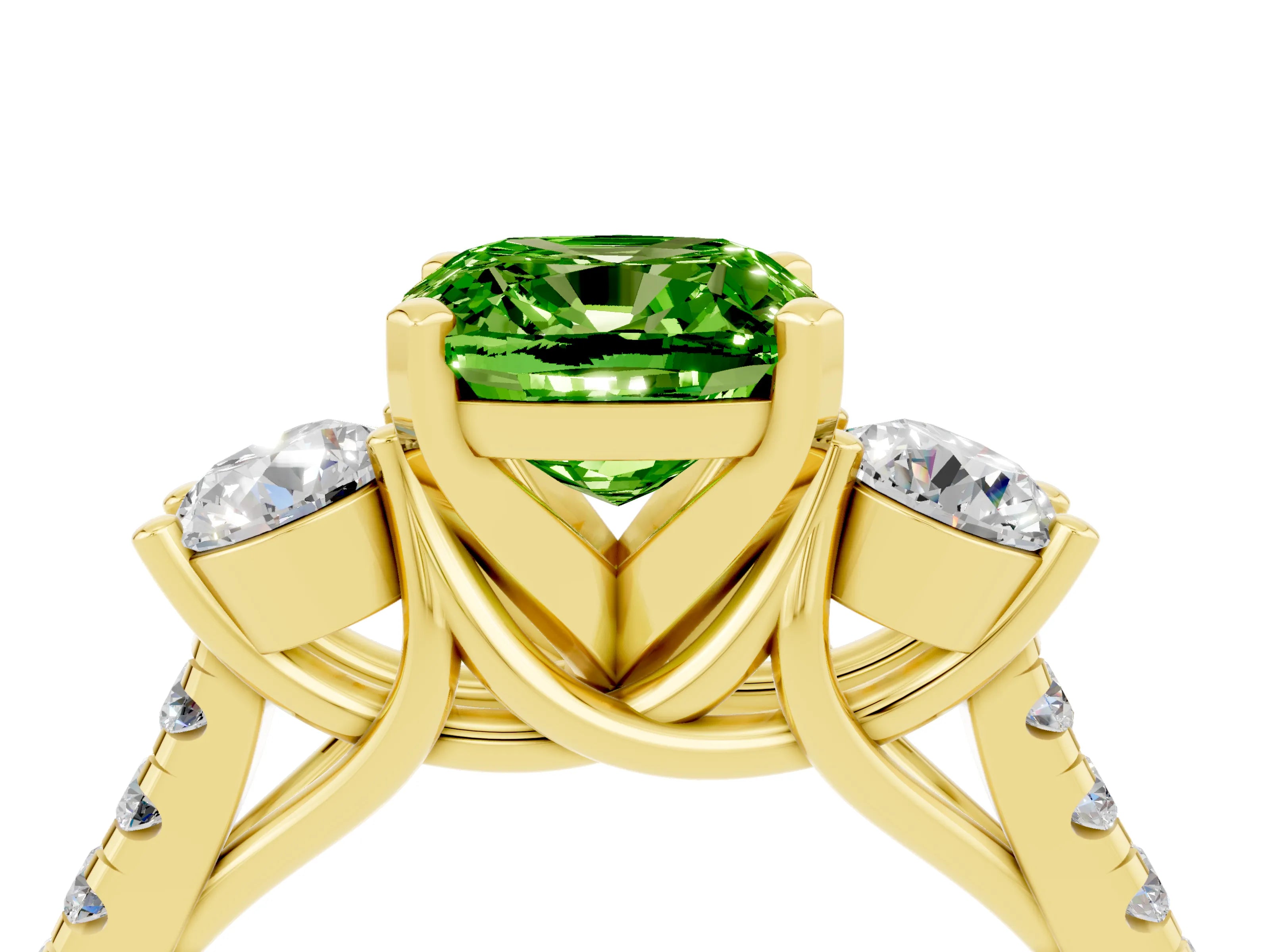 Yellow gold Three-Stone Cushion Cut Peridot Pavé Band with Four-Prong Setting_4