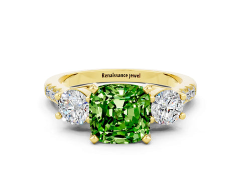 Yellow gold Three-Stone Cushion Cut Peridot Pavé Band with Four-Prong Setting