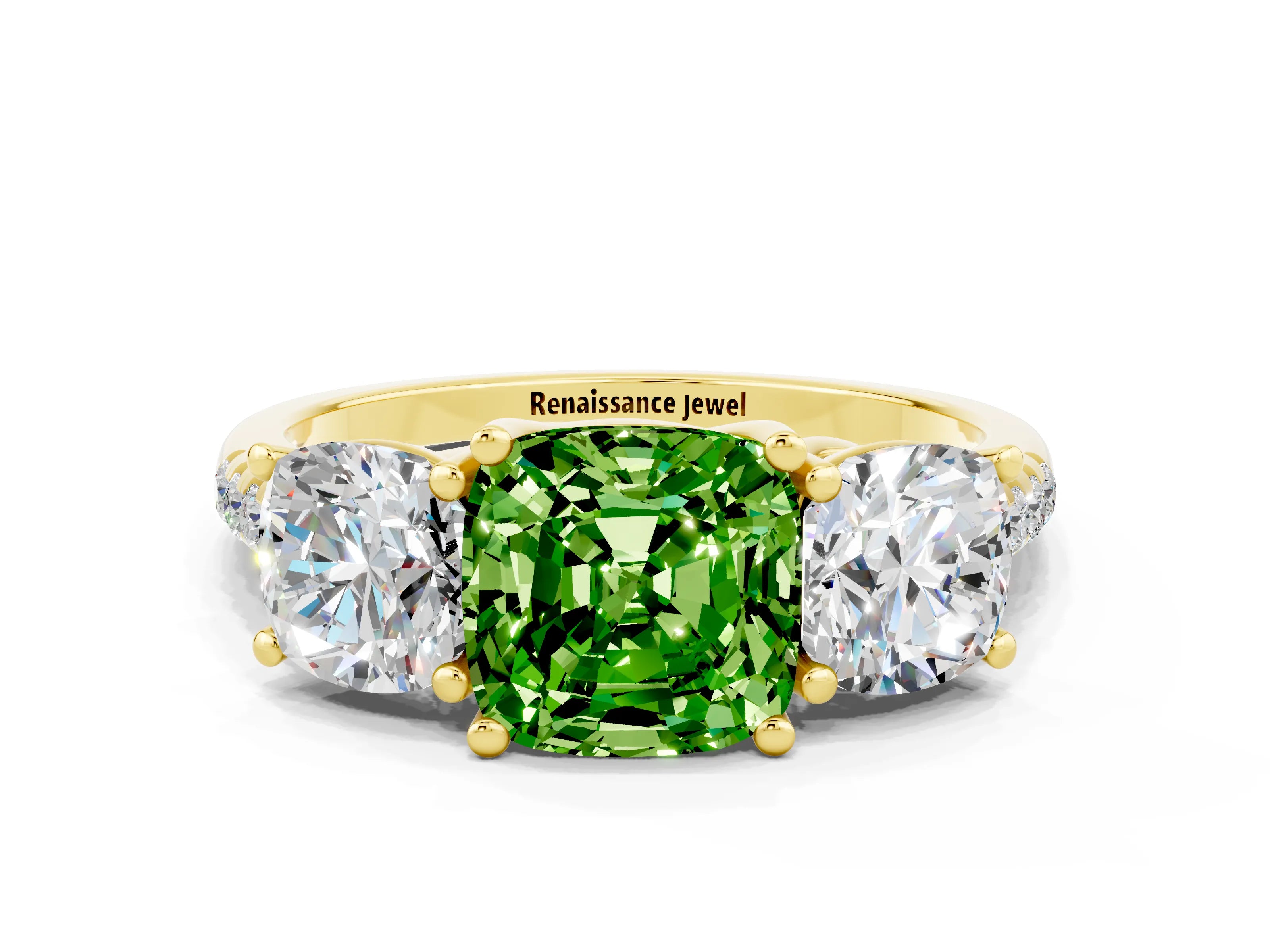 Yellow gold Three-Stone Cushion Cut Peridot Ring with Pavé Band and Prong Setting_12