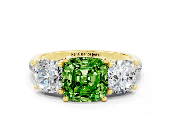 Yellow gold Three-Stone Cushion Cut Peridot Ring with Round  Pavé Band and Prong Setting