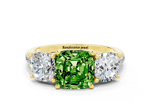 Yellow gold Three-Stone Cushion Cut Peridot Ring with Pavé Band and Prong Setting_12