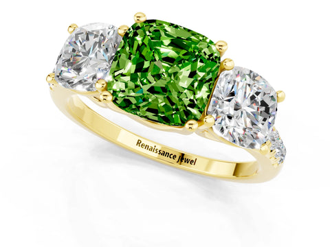 Yellow gold Three-Stone Cushion Cut Peridot Ring with Pavé Band and Prong Setting_13