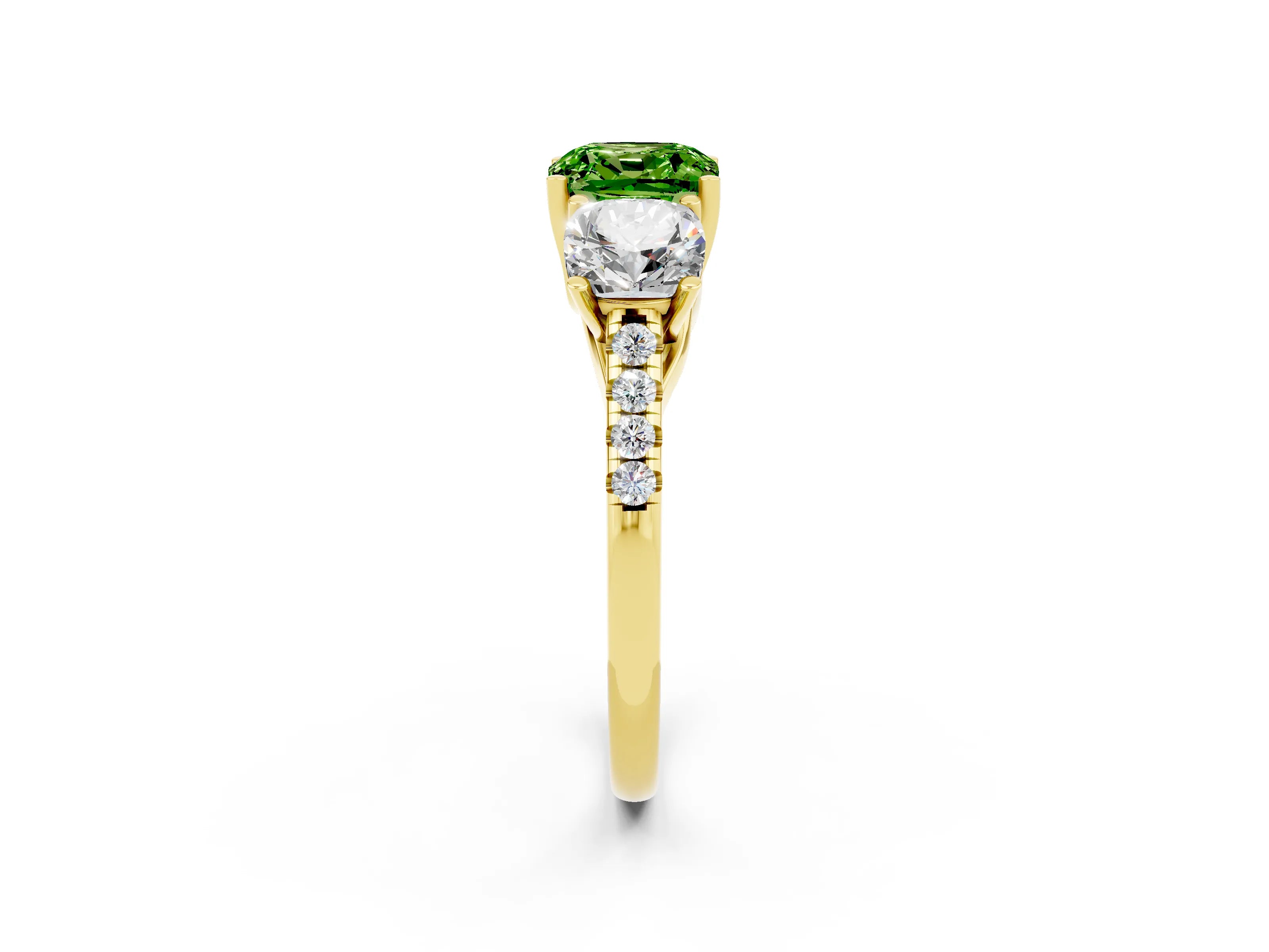 Yellow gold Three-Stone Cushion Cut Peridot Ring with Pavé Band and Prong Setting_14
