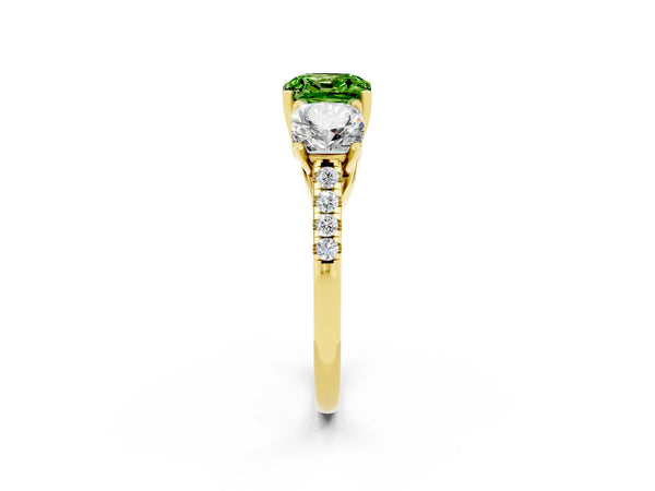 Yellow gold Three-Stone Cushion Cut Peridot Ring with Round  Pavé Band and Prong Setting