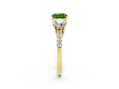 Yellow gold Three-Stone Cushion Cut Peridot Ring with Pavé Band and Prong Setting_14