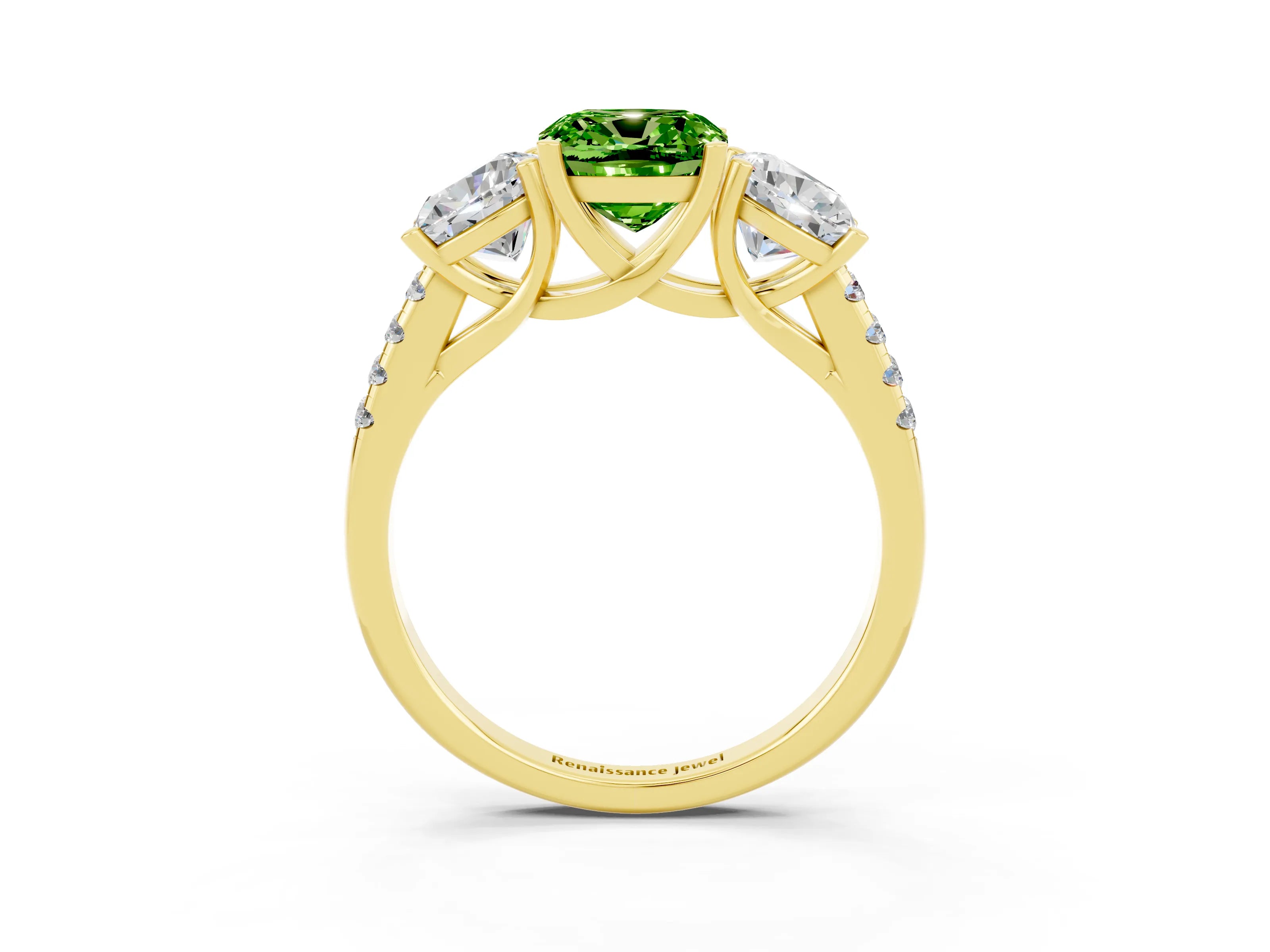 Yellow gold Three-Stone Cushion Cut Peridot Ring with Pavé Band and Prong Setting_15