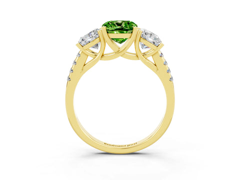 Yellow gold Three-Stone Cushion Cut Peridot Ring with Pavé Band and Prong Setting_15