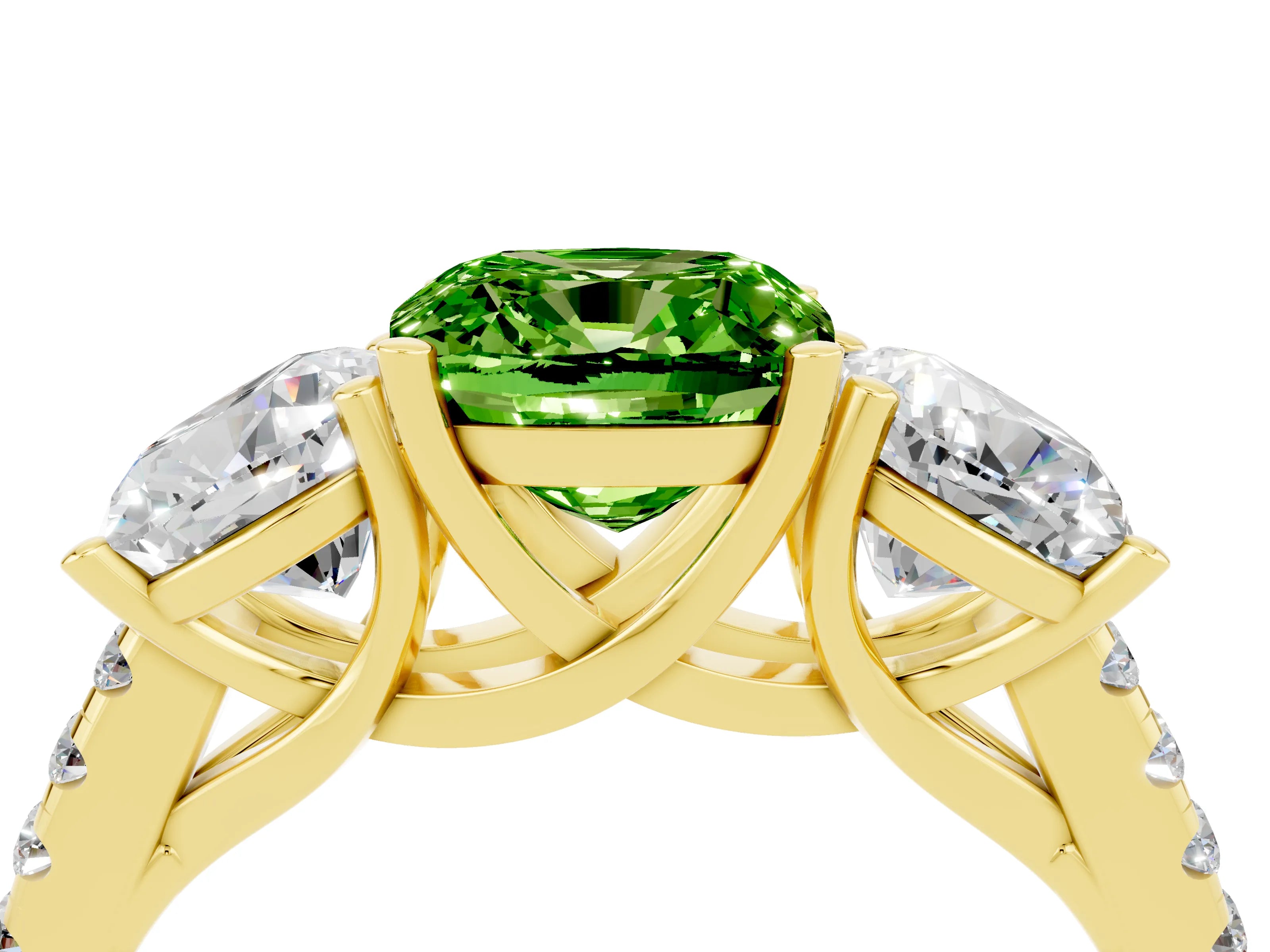 Yellow gold Three-Stone Cushion Cut Peridot Ring with Pavé Band and Prong Setting_16