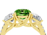 Yellow gold Three-Stone Cushion Cut Peridot Ring with Pavé Band and Prong Setting_16