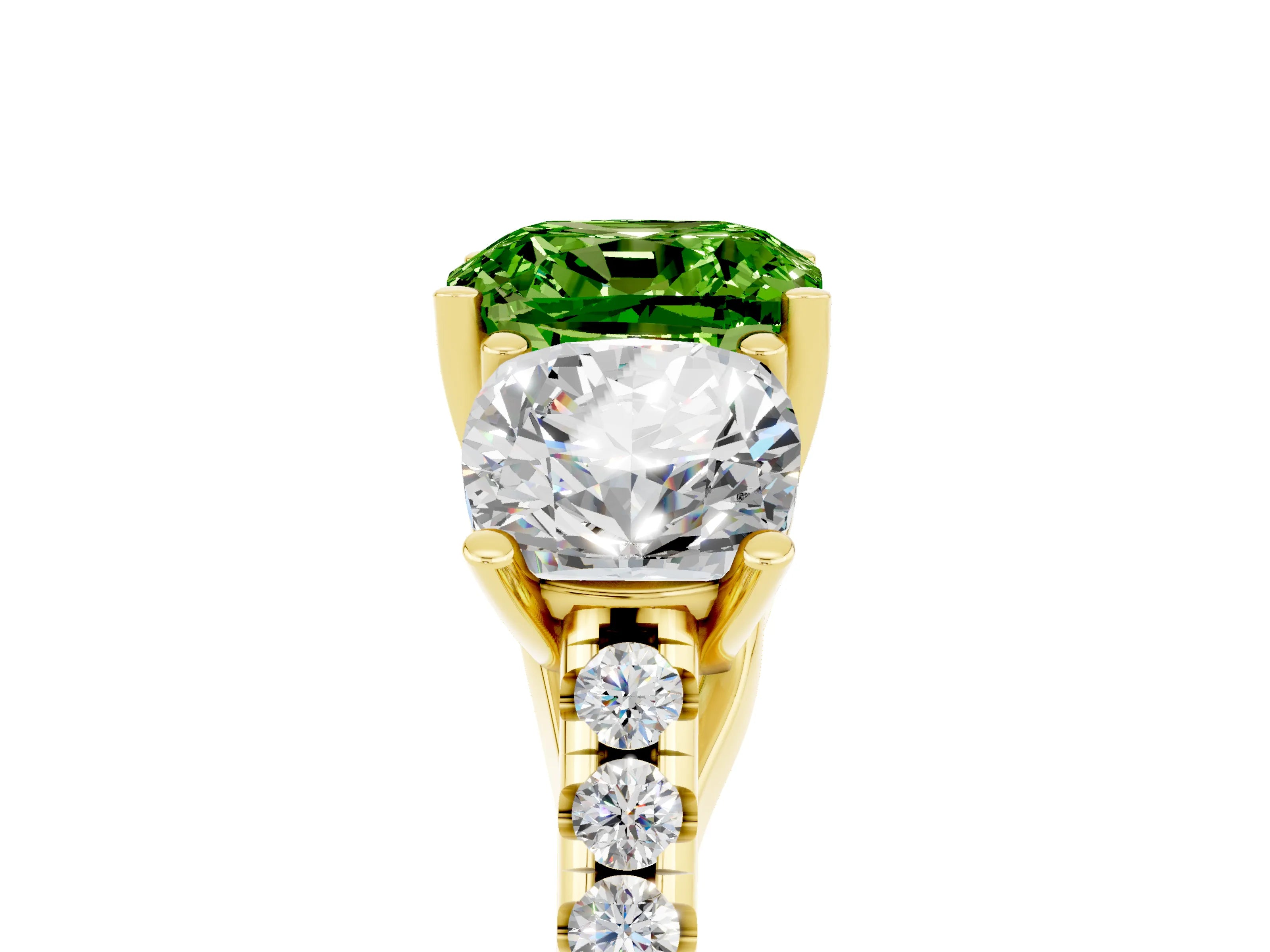 Yellow gold Three-Stone Cushion Cut Peridot Ring with Pavé Band and Prong Setting_17