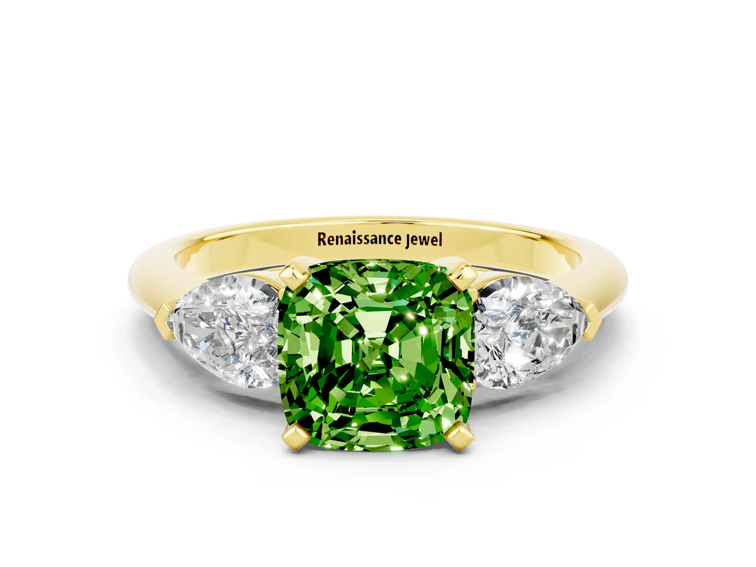 Yellow gold Three-Stone Cushion Cut Peridot Ring with Pear Side Stones and Four-Prong Setting