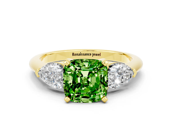 Yellow gold Three-Stone Cushion Cut Peridot Ring with Pear Side Stones and Four-Prong Setting