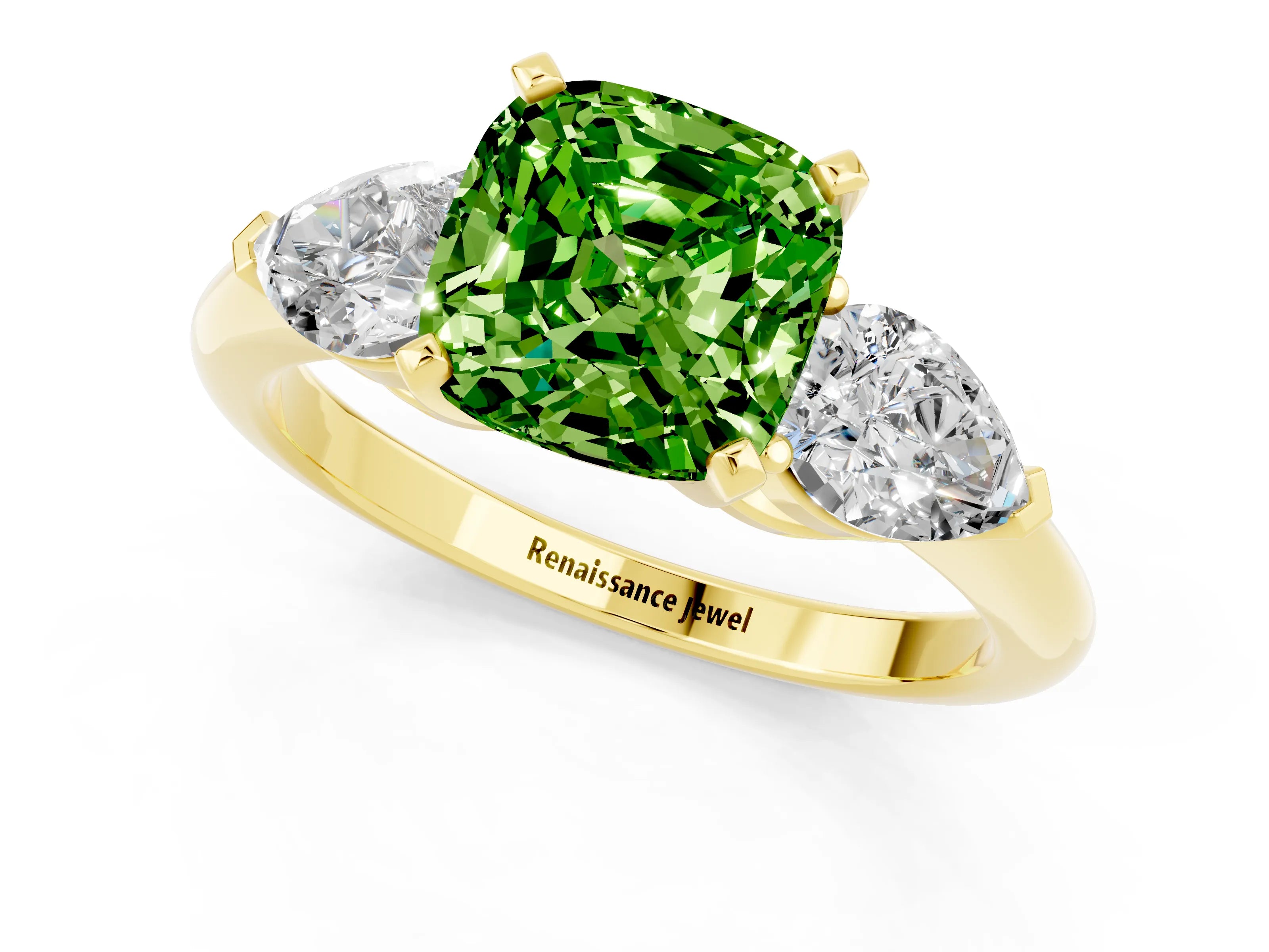 Yellow gold Three-Stone Cushion Cut Peridot Ring with Pear Side Stones and Four-Prong Setting_1