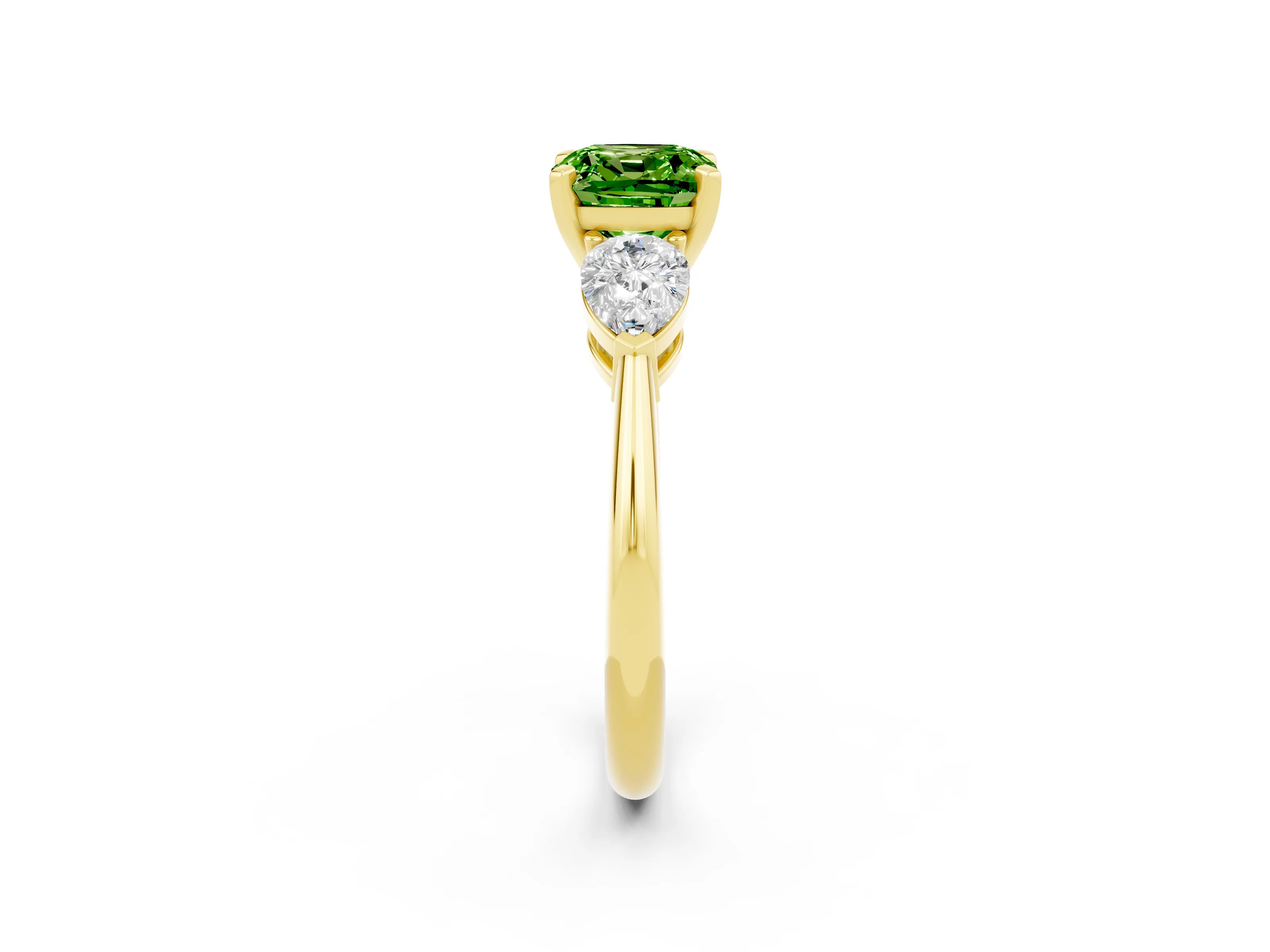 Yellow gold Three-Stone Cushion Cut Peridot Ring with Pear Side Stones and Four-Prong Setting_2