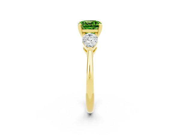 Yellow gold Three-Stone Cushion Cut Peridot Ring with Pear Side Stones and Four-Prong Setting
