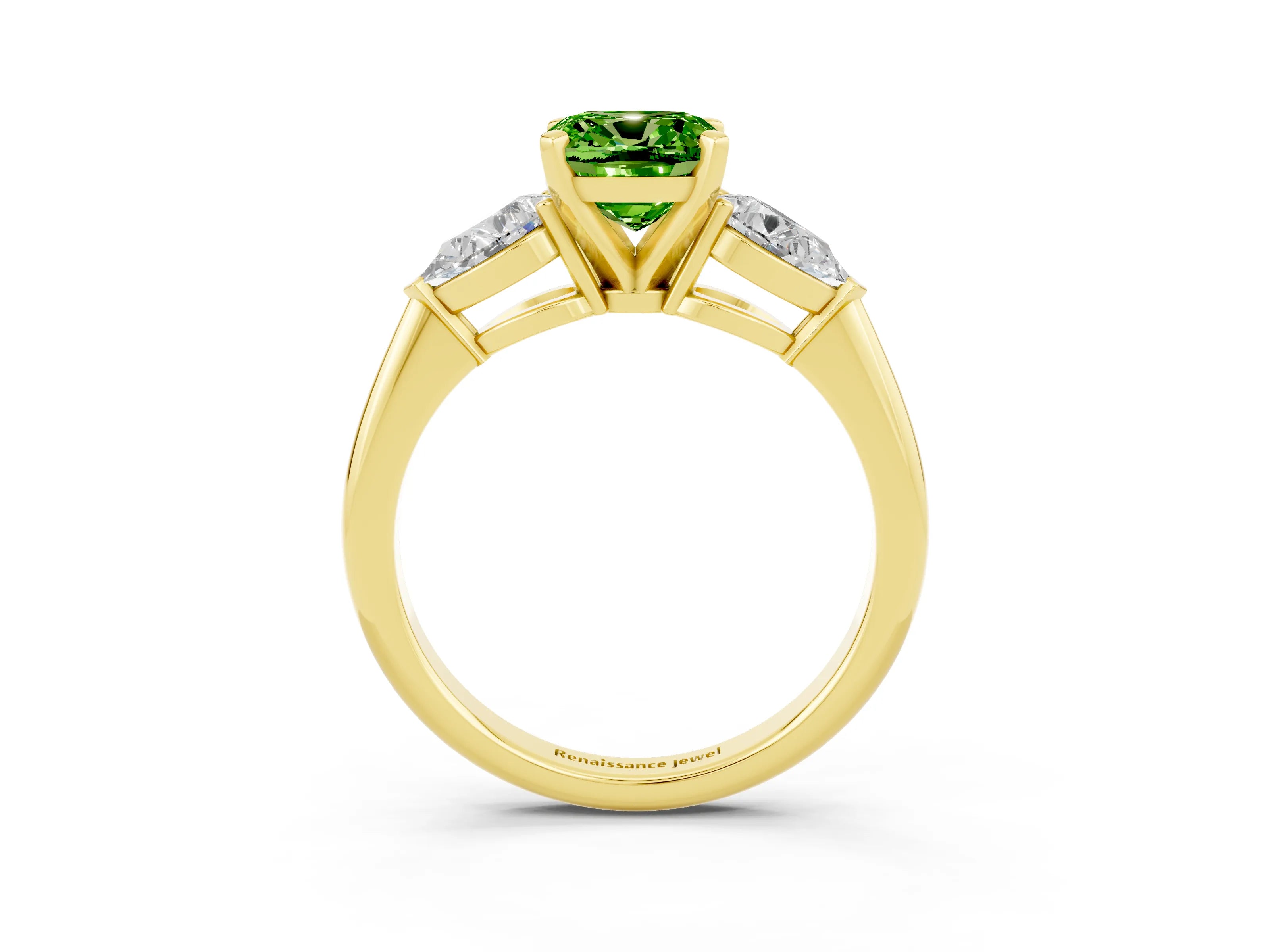 Yellow gold Three-Stone Cushion Cut Peridot Ring with Pear Side Stones and Four-Prong Setting_3