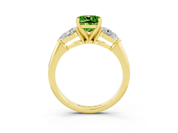 Yellow gold Three-Stone Cushion Cut Peridot Ring with Pear Side Stones and Four-Prong Setting