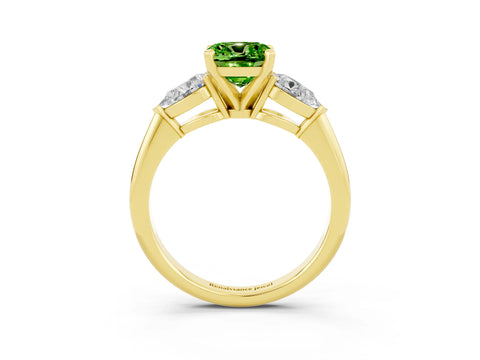 Yellow gold Three-Stone Cushion Cut Peridot Ring with Pear Side Stones and Four-Prong Setting_3