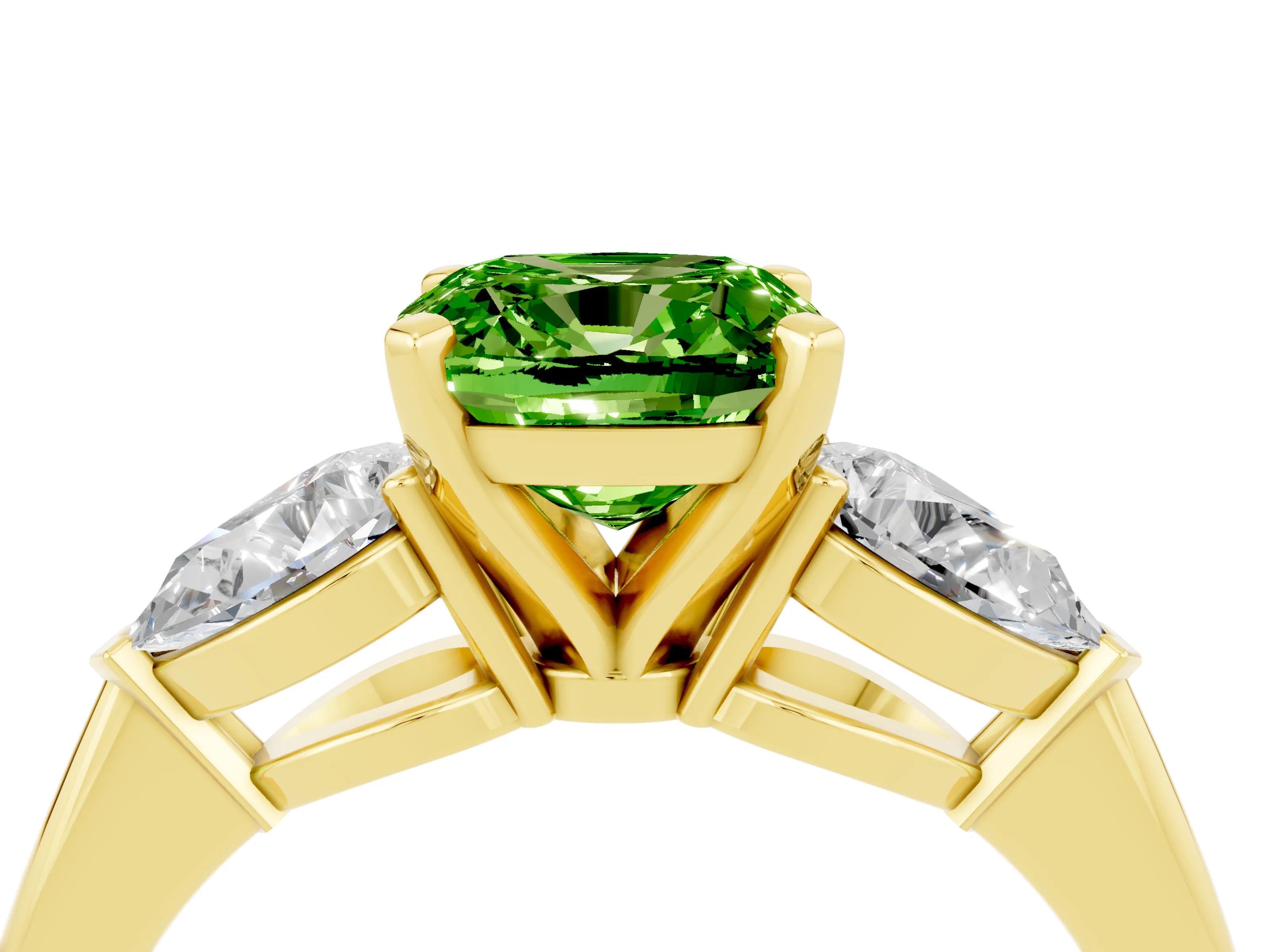 Yellow gold Three-Stone Cushion Cut Peridot Ring with Pear Side Stones and Four-Prong Setting_4