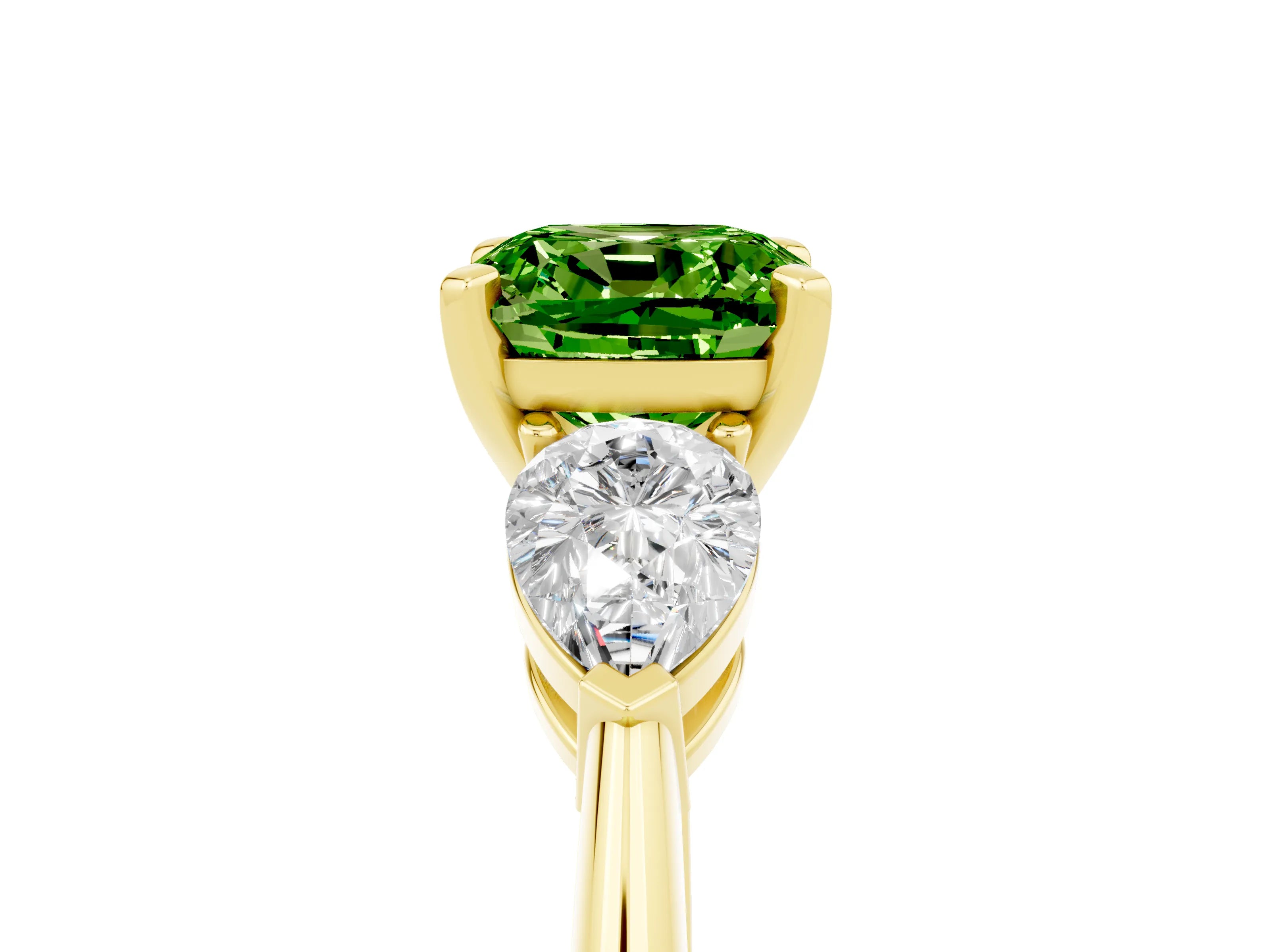 Yellow gold Three-Stone Cushion Cut Peridot Ring with Pear Side Stones and Four-Prong Setting_5