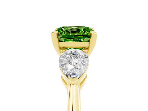 Yellow gold Three-Stone Cushion Cut Peridot Ring with Pear Side Stones and Four-Prong Setting_5